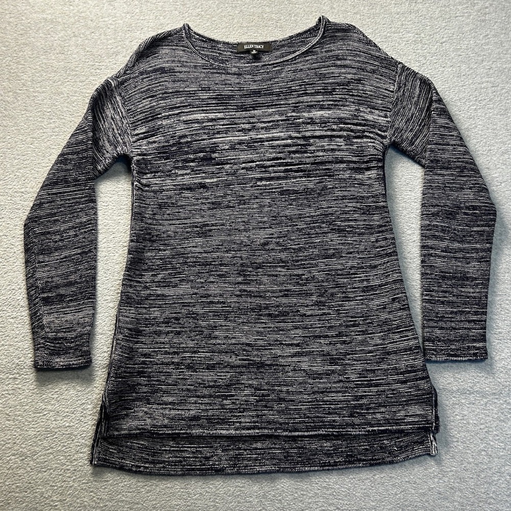 Marled Knit Tunic Sweater Womens Medium Long Sleeve Black White Ellen Tracy
